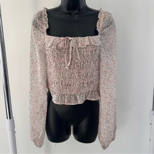 bohme Pink Floral Smocked Square-Neck Blouse with sheer sleeves coquette